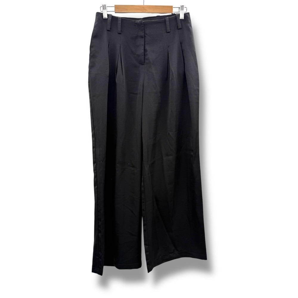 NSR Wide Leg Pleated Satin Trouser Pants Women's Medium Black Work Office Chic